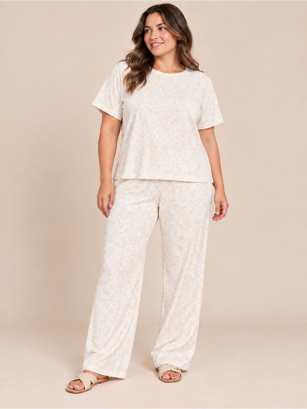 Soft Floral-Print Lounge Set — Cream